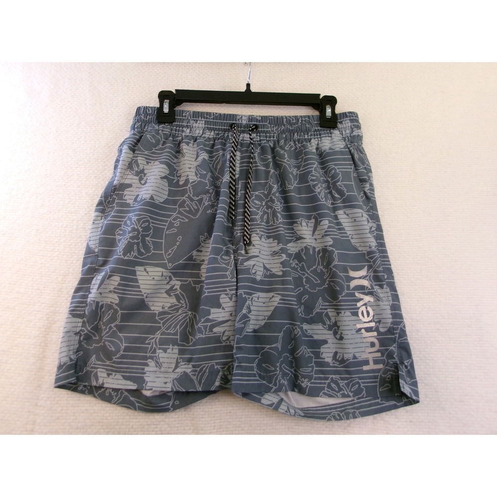 Hurley Mens Grey Floral Striped Board Shorts Swim Trunks Size M‎ 7 Inch Inseam